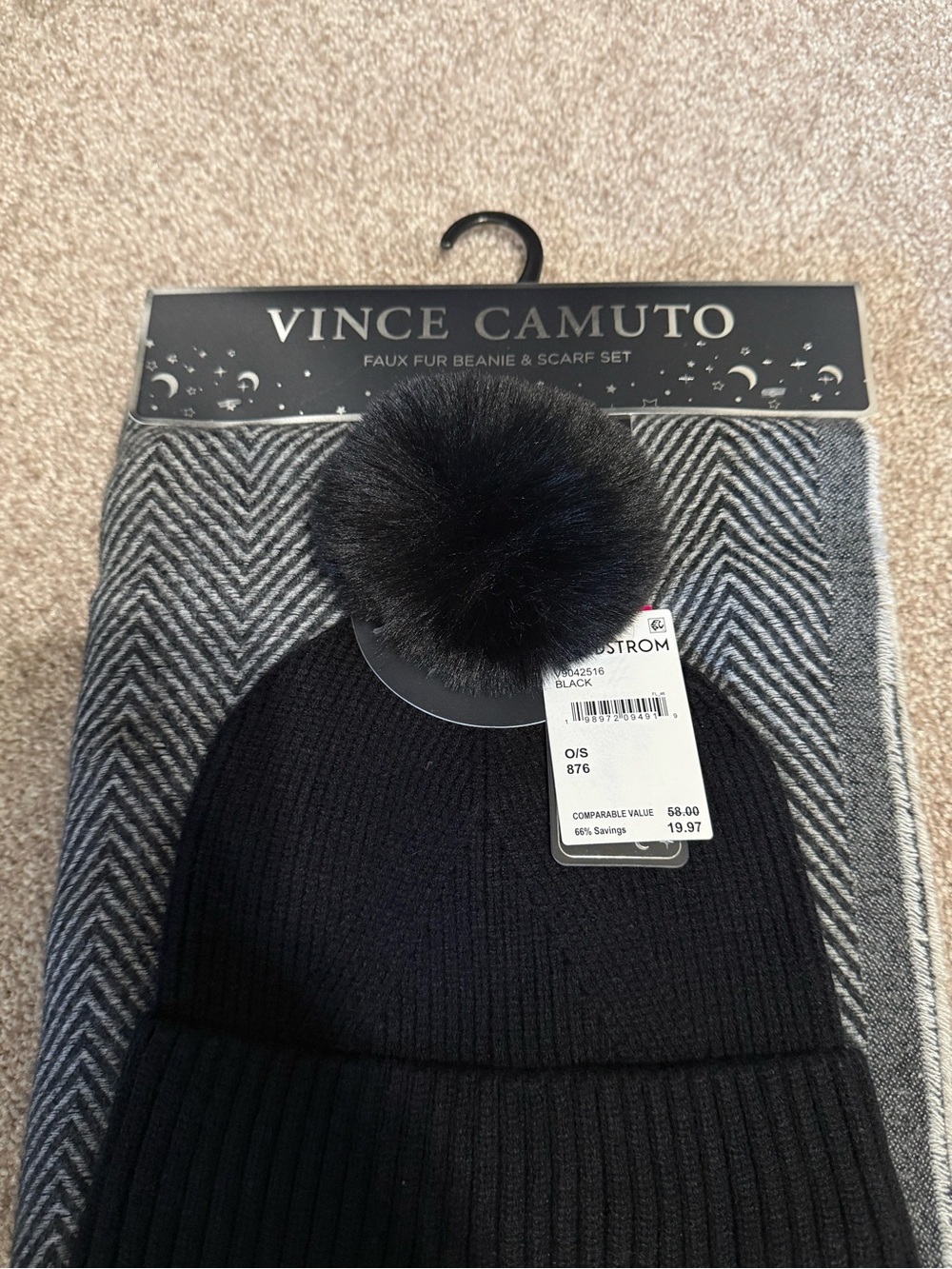 Vince Camuto Black Knit Beanie and Faux Fur Pom Scarf Set